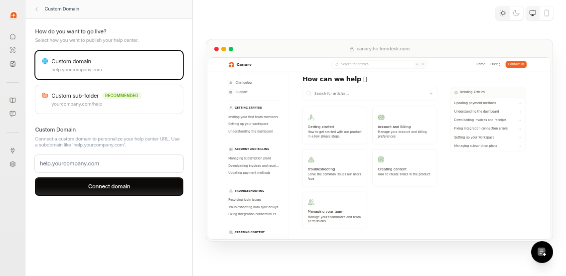 Custom domain input field with placeholder text