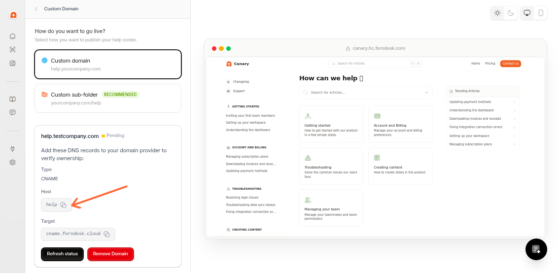 Pending domain status showing DNS configuration with CNAME record details and copy buttons