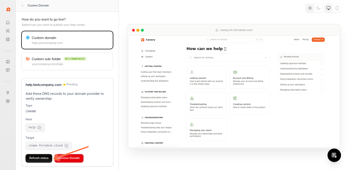 Refresh status button in the custom domain settings