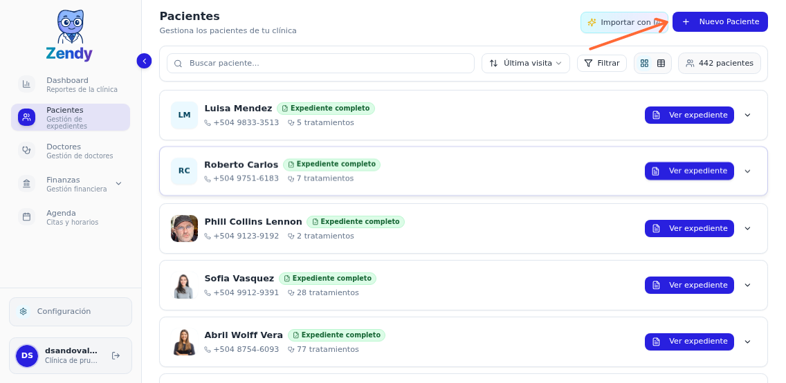 Lista de pacientes con el botón Nuevo Paciente resaltado