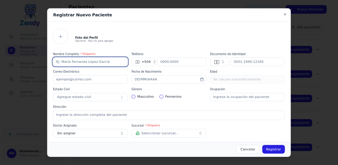 Formulario de creación de nuevo paciente