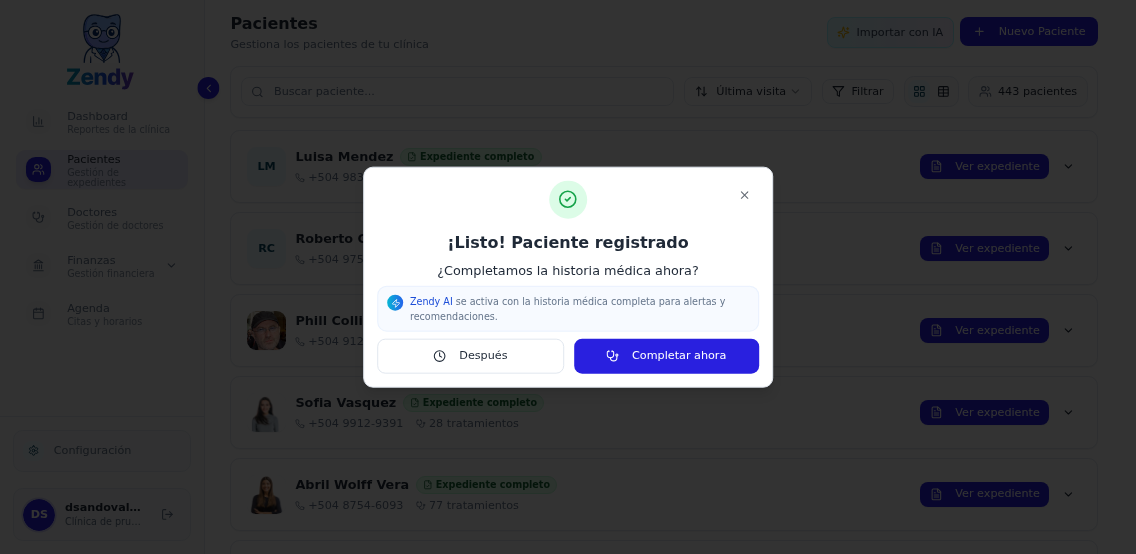 Diálogo preguntando si deseas completar la historia médica ahora