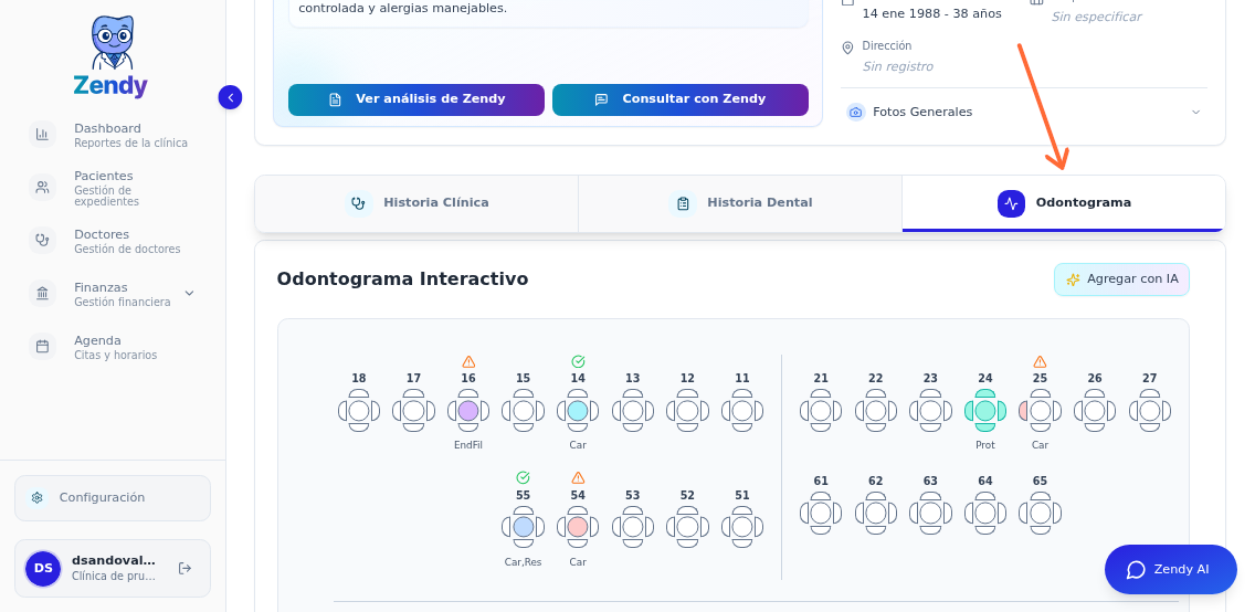 Vista del expediente del paciente con el tab Odontograma resaltado