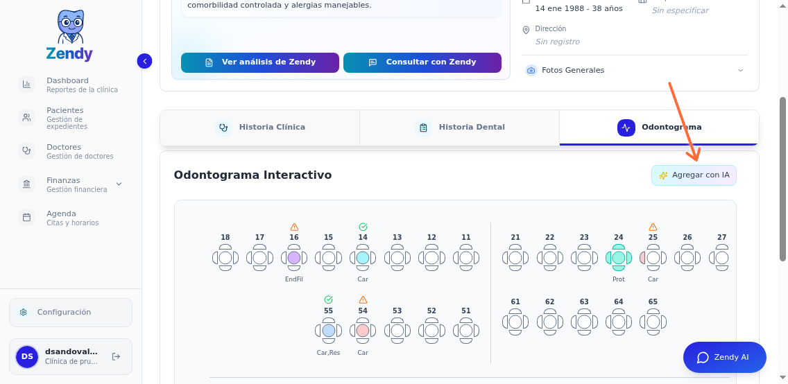 Botón Agregar con IA resaltado en el odontograma