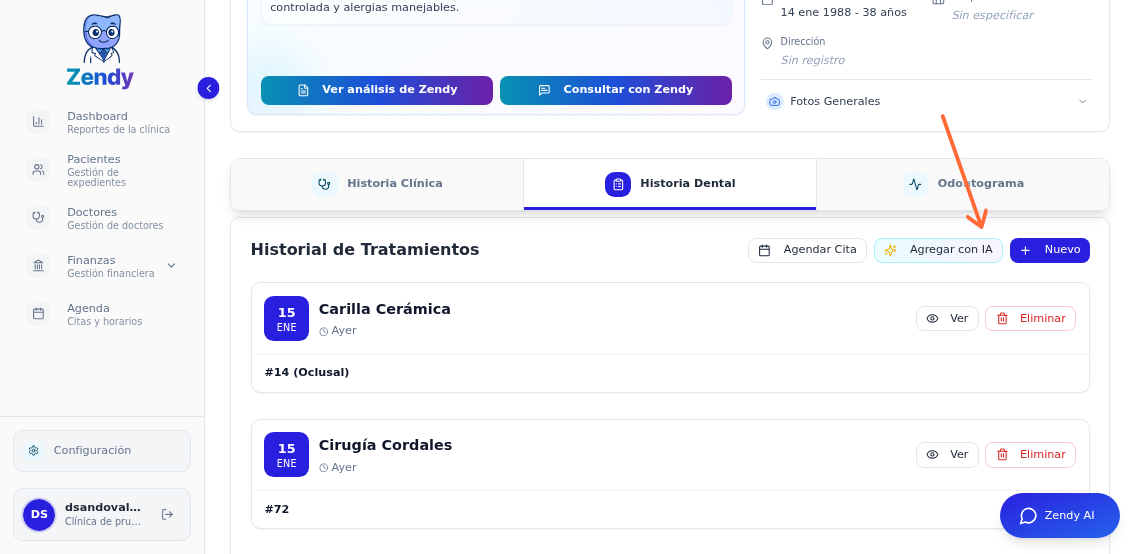 Botones Nuevo y Agregar con IA en Historia Dental