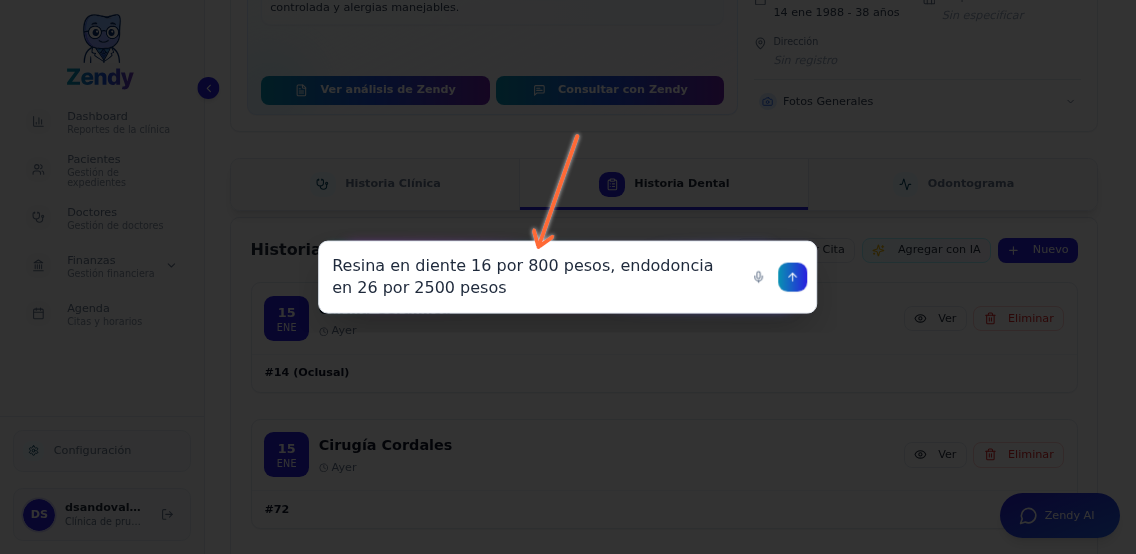 Modal de dictado con ejemplo de tratamientos