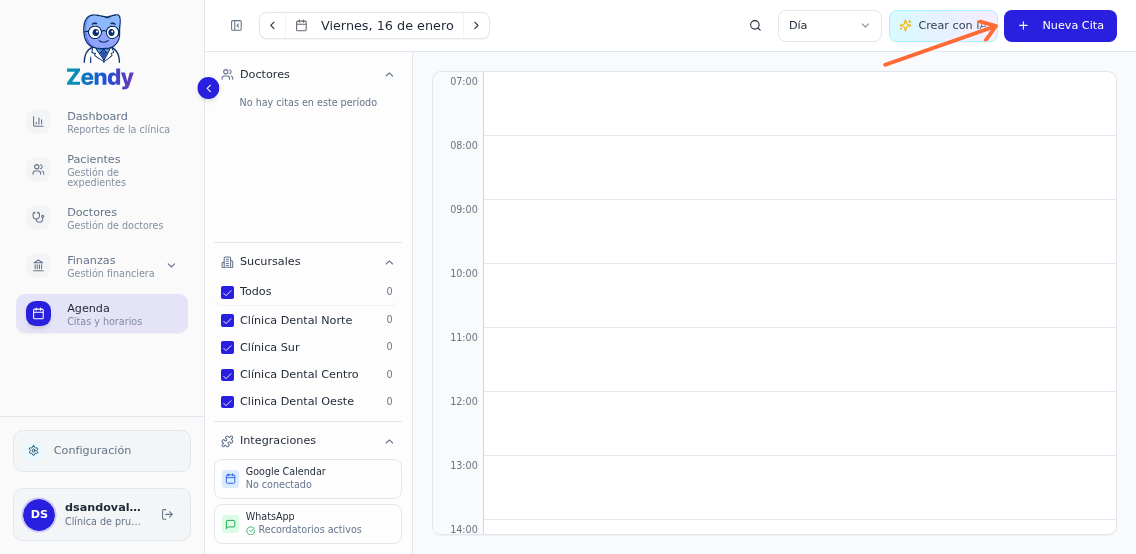 Vista principal de la Agenda diaria de Zendy mostrando las citas programadas del día organizadas por horario y doctor