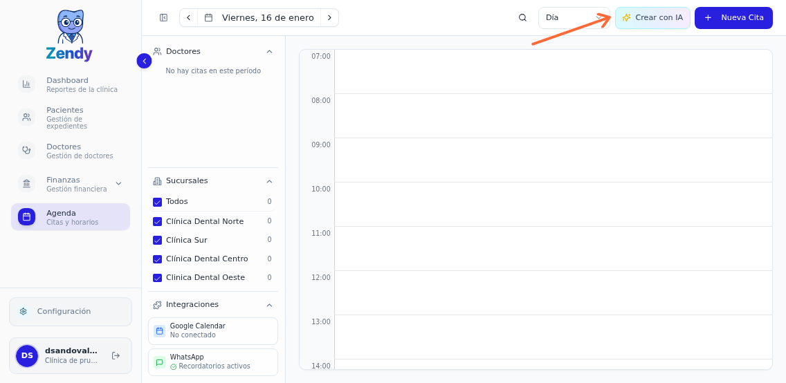 Botón Crear con IA en la barra superior de la agenda, junto al botón Nueva Cita