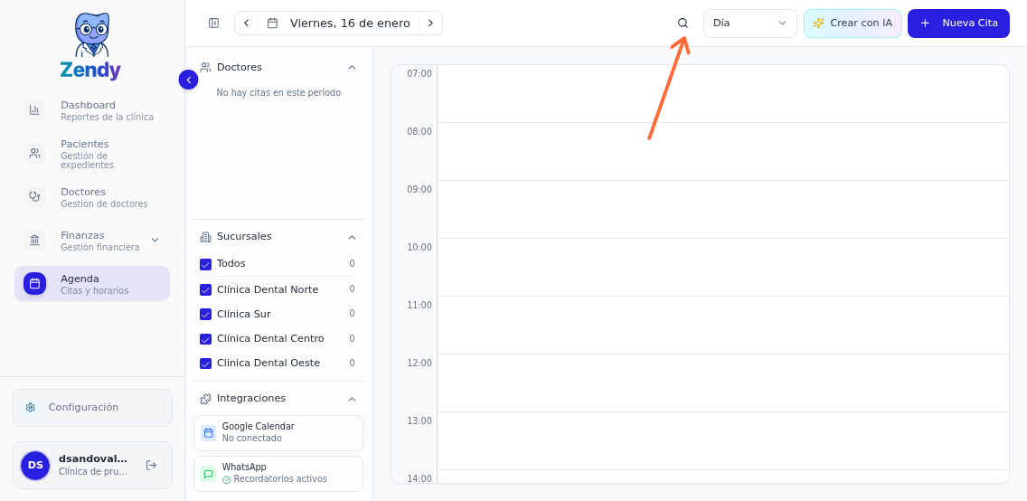 Ícono de búsqueda en la barra superior de la agenda
