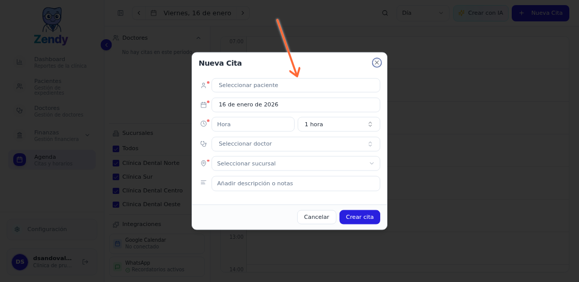 Modal de creación de cita mostrando el campo de selección de paciente y los demás campos del formulario