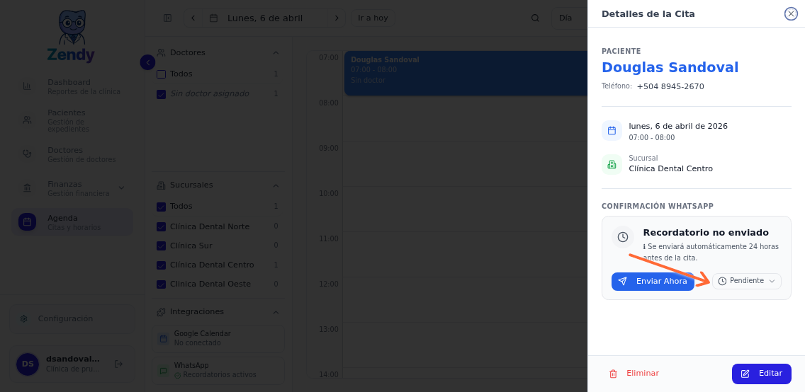 Panel de detalles de una cita mostrando la información del paciente y los botones para cambiar el estatus