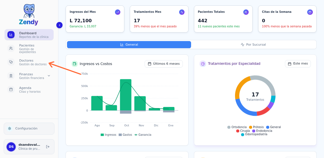 Acceso al módulo de doctores desde el menú lateral