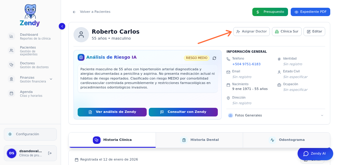 Opción para asignar doctor en el expediente