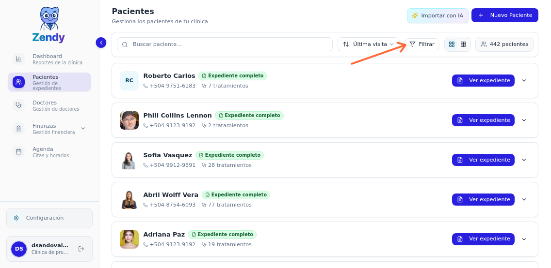 Filtro por doctor en el listado de pacientes