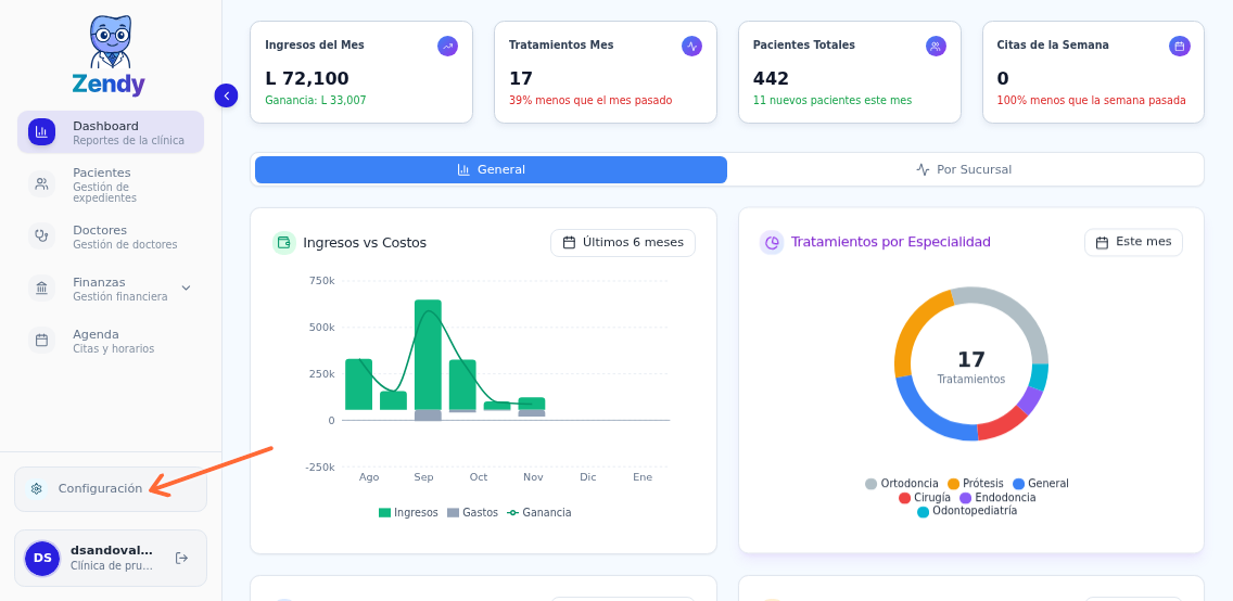 Menú lateral de Zendy con la opción Configuración señalada