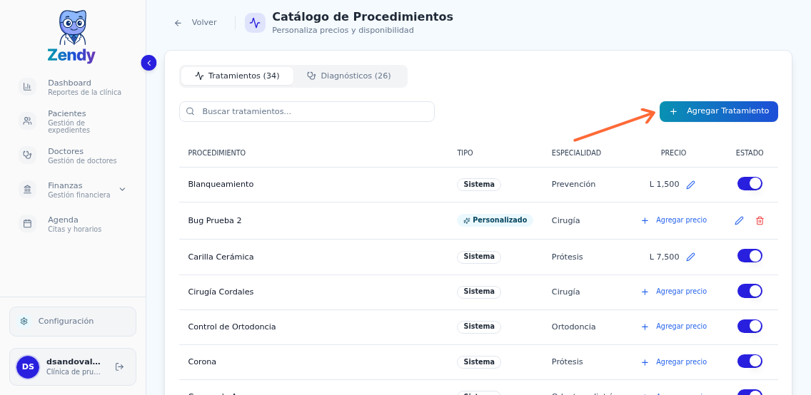 Vista principal del catálogo de tratamientos con el botón Agregar Tratamiento destacado