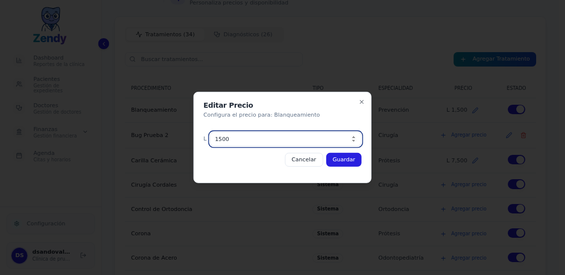Modal de edición de precio mostrando el campo para configurar el costo