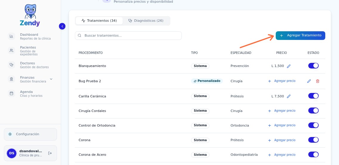 Botón Agregar Tratamiento en la vista del catálogo