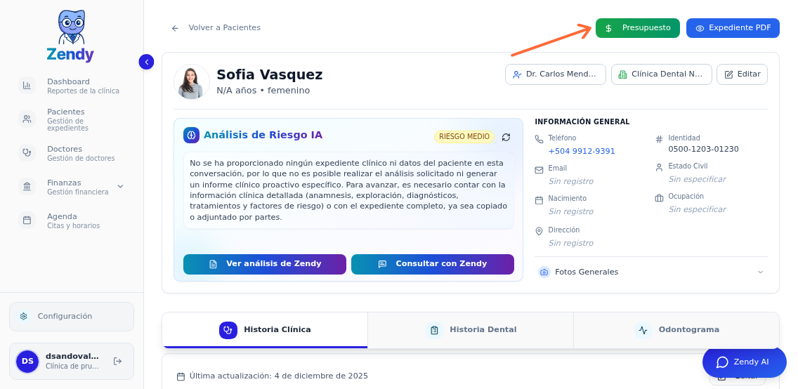 Botón de Presupuesto en el expediente del paciente