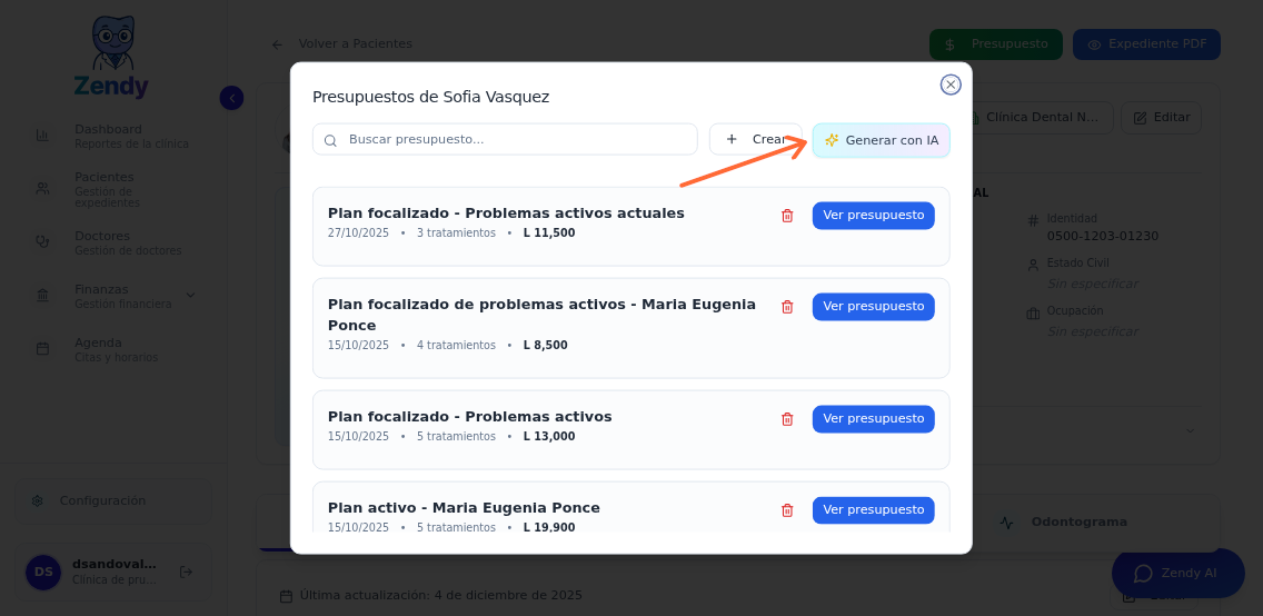 Modal de presupuestos con el botón de Generar con IA