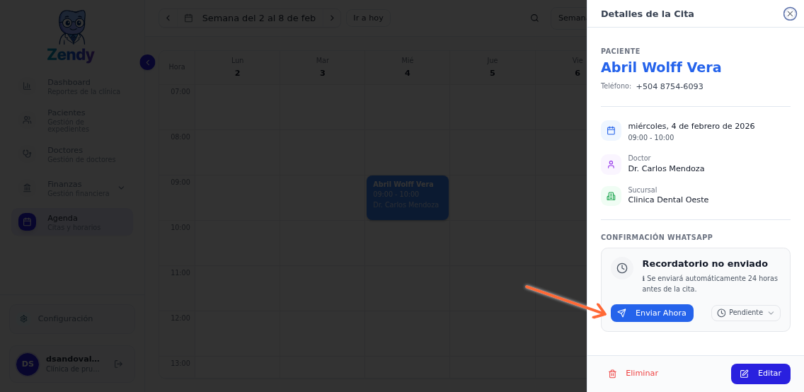 Panel de detalles de cita con opción de envío manual