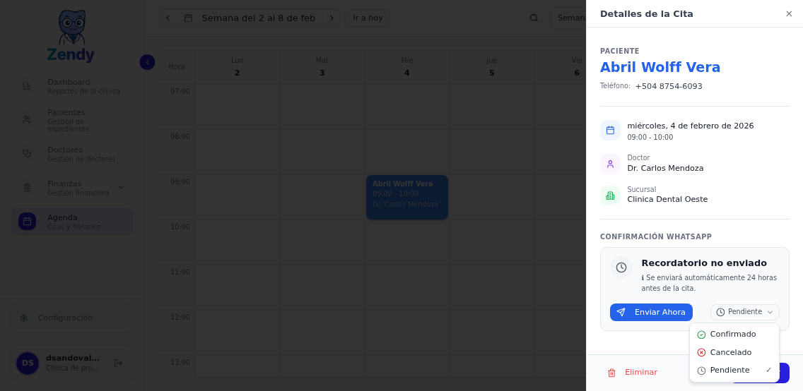 Opciones para actualizar el estatus de una cita manualmente