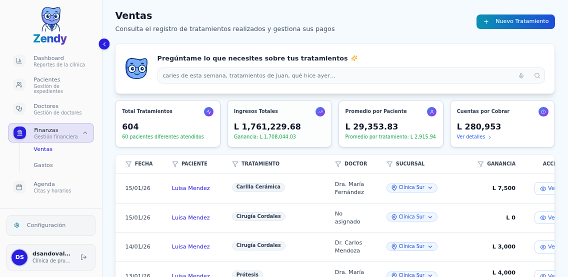 Vista general de la página de Ventas con indicadores y tabla de tratamientos