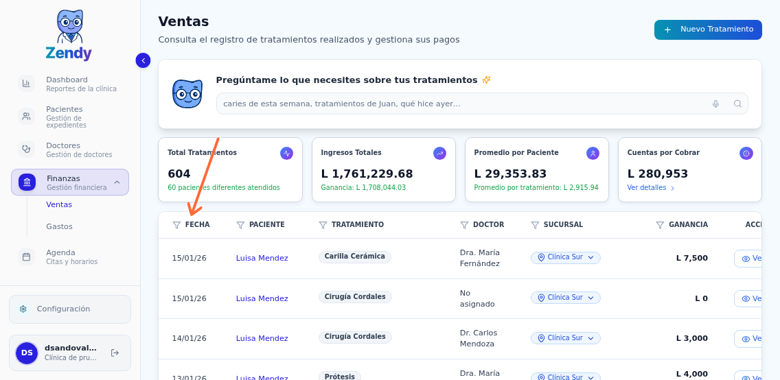 Zona de filtros en la tabla de ventas