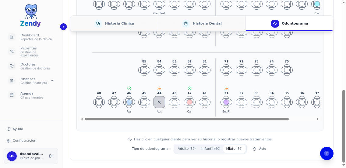 Diente marcado como listo con ícono de check verde