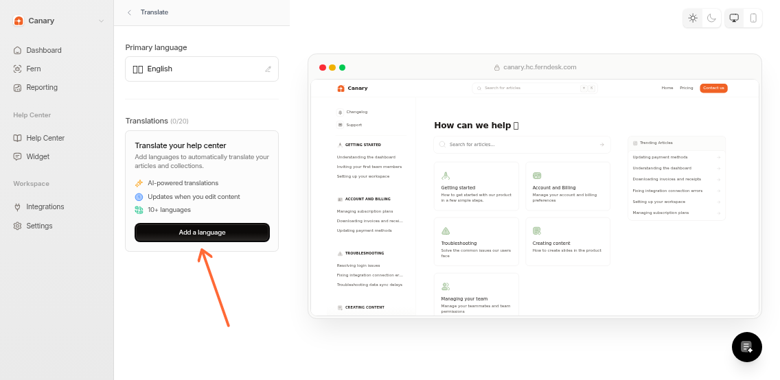 The translations dashboard showing the Add Language button in the top right corner