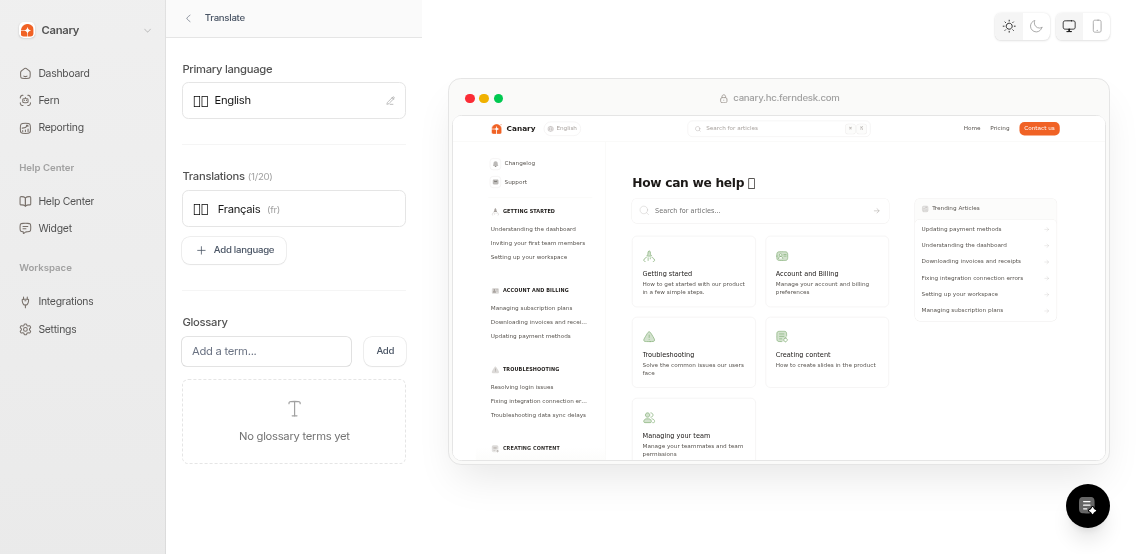 The translations dashboard showing a newly added language with translation statistics