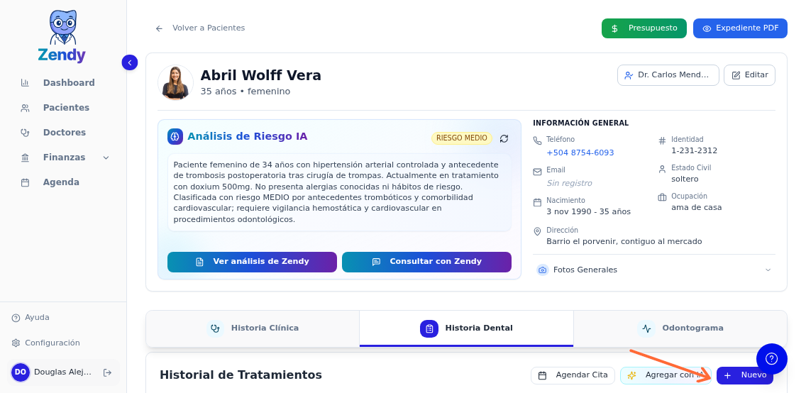 Botón Nuevo en Historia Dental para crear un tratamiento de ortodoncia