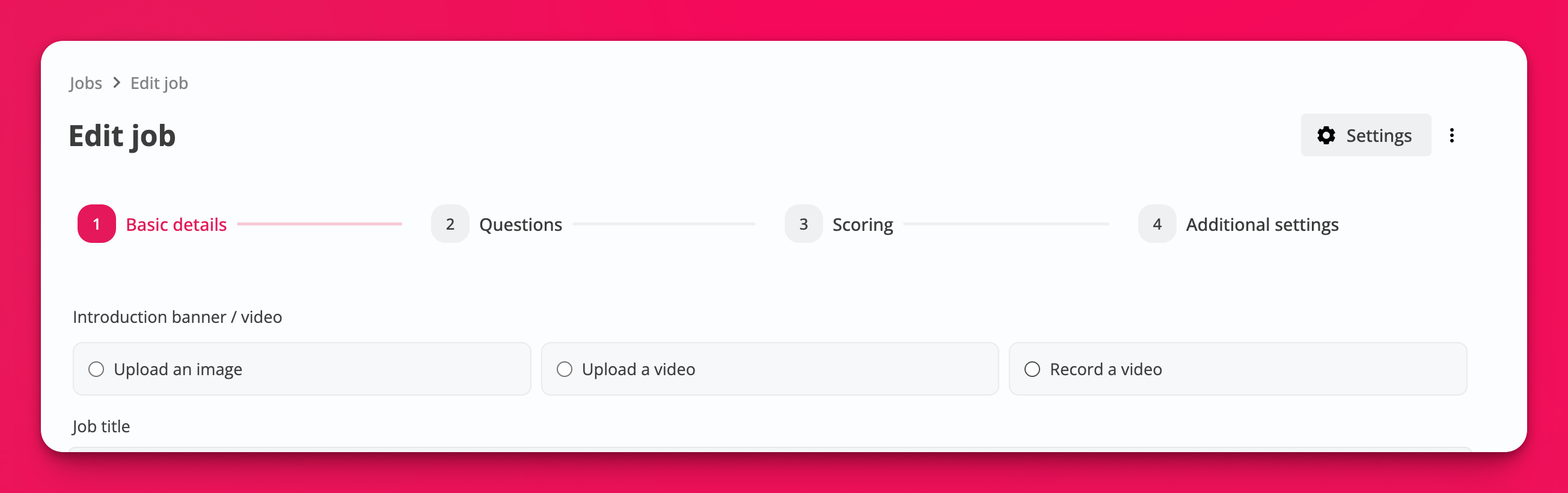 Screenshot showing the Introduction banner / video section with three options: Upload an image, Upload a video, or Record a video