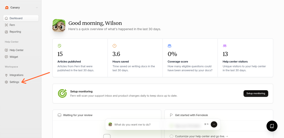 Ferndesk dashboard sidebar with Settings highlighted