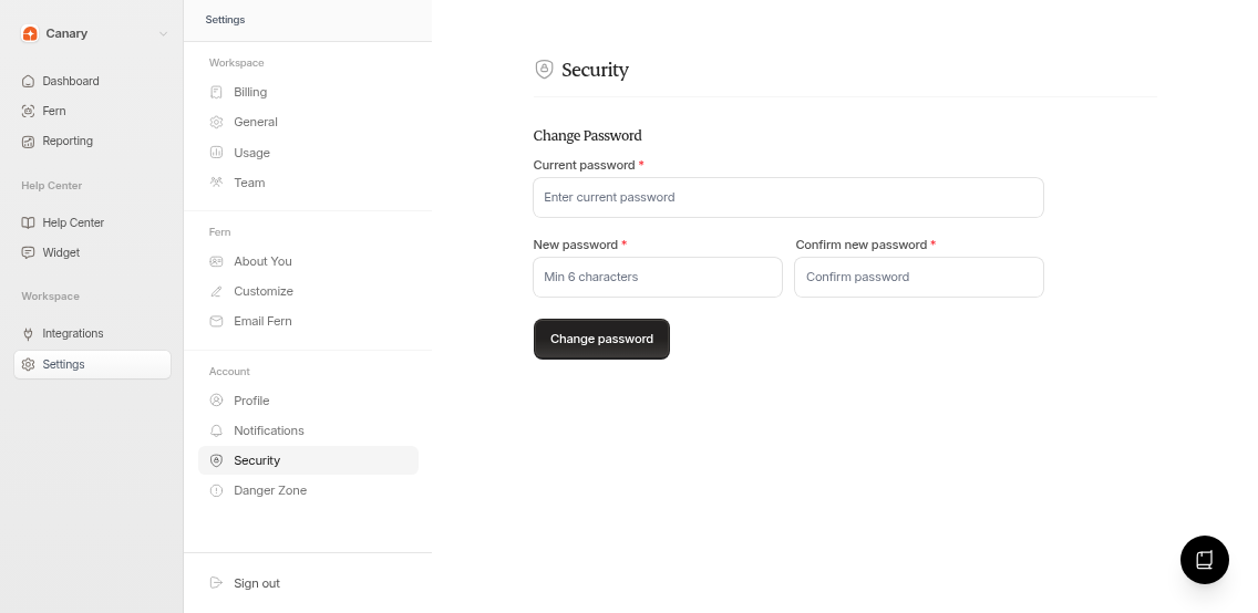 Change Password form with current, new, and confirm password fields