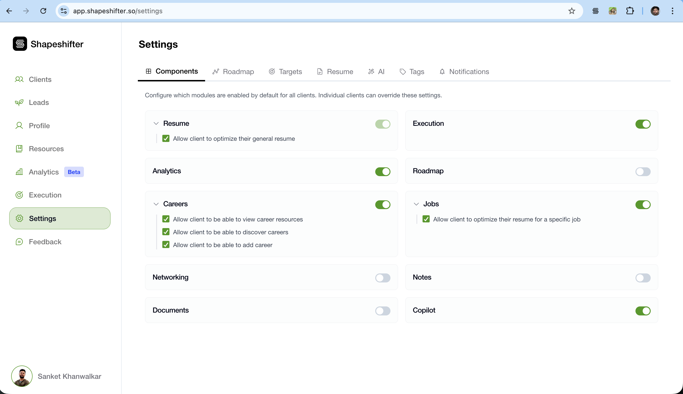 Shapeshifter Settings page, Components tab showing default modules that can be enabled for clients, including Resume, Analytics, Careers, Execution, Roadmap, Jobs, Networking, Documents, Notes, and Copilot.