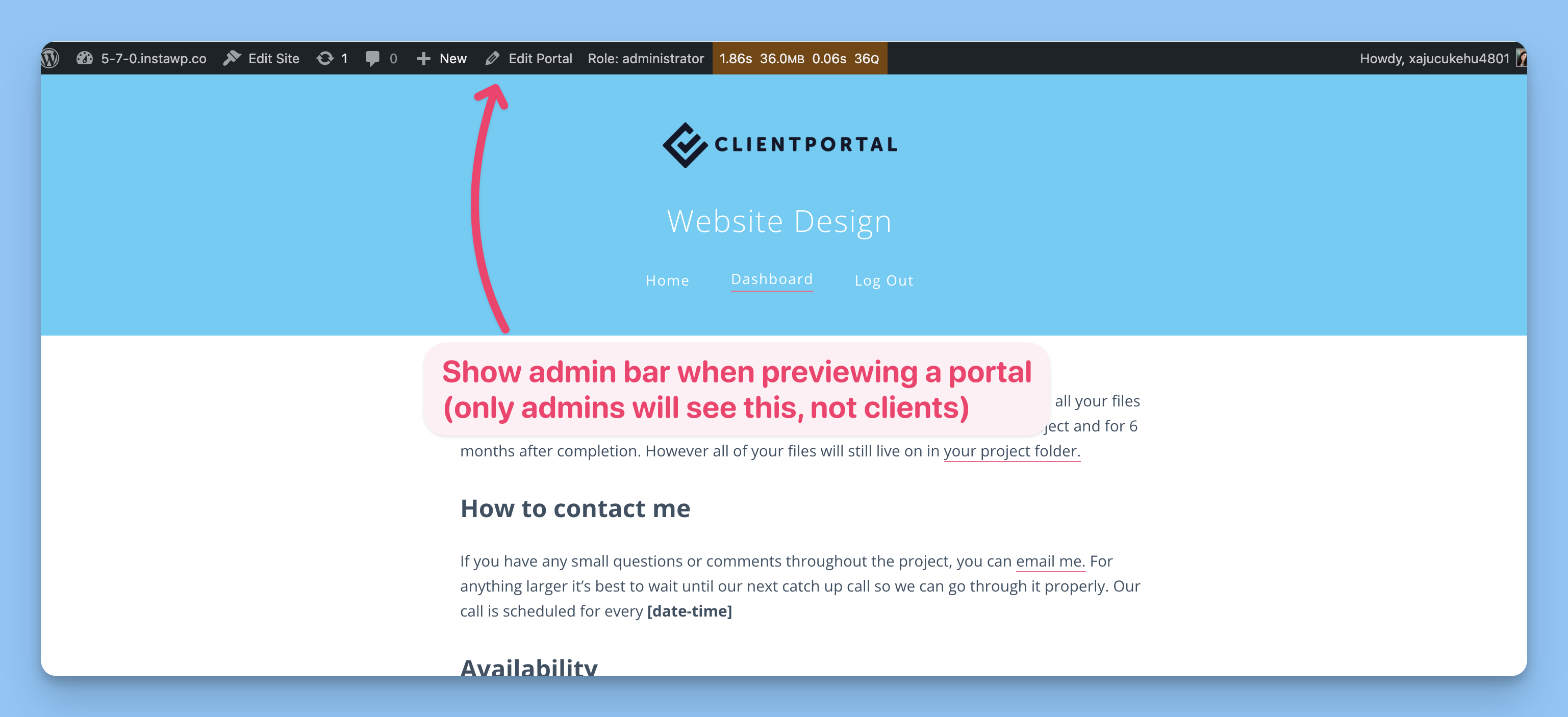 Portal preview showing the WordPress admin bar for an admin