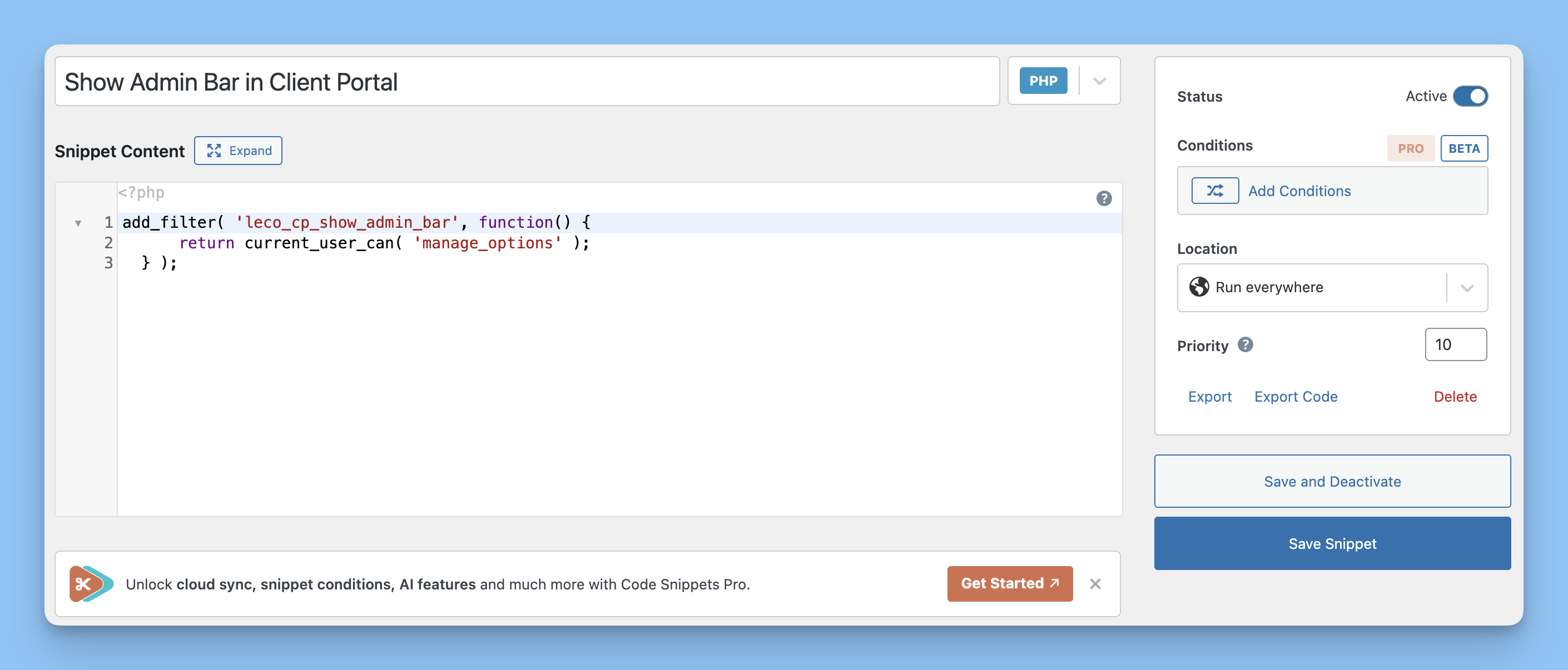 Code Snippets plugin showing the PHP snippet for the admin bar