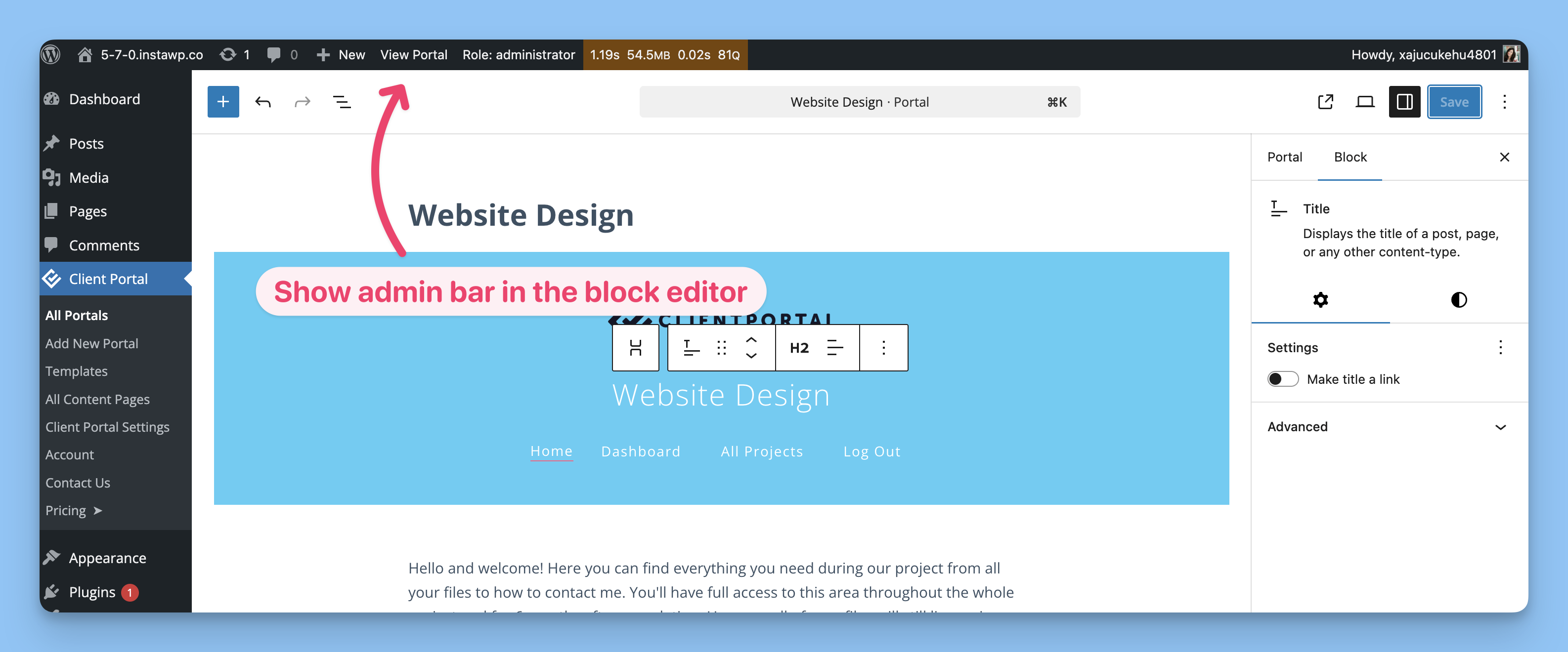 Show the admin bar in portal previews and the block editor | Client ...