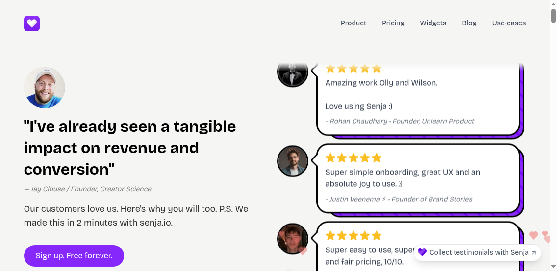 Example of Senja's Wall of Love showing multiple testimonials in a grid layout with profile pictures and testimonial text