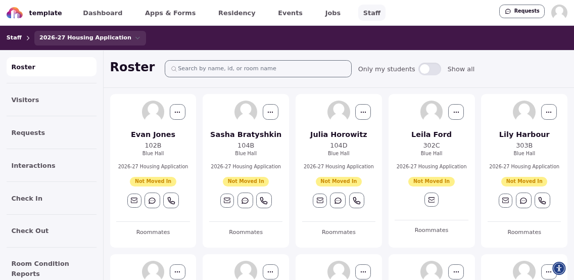 Staff roster showing resident profile cards with photos, names, and current status