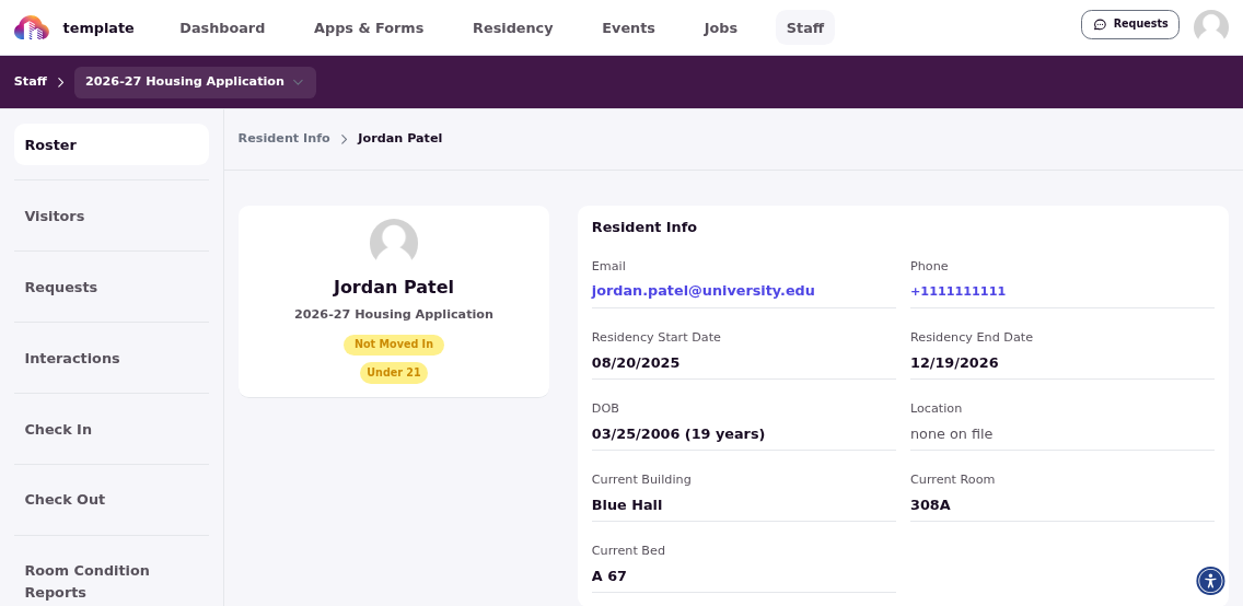 Individual resident profile showing detailed information accessible to student staff