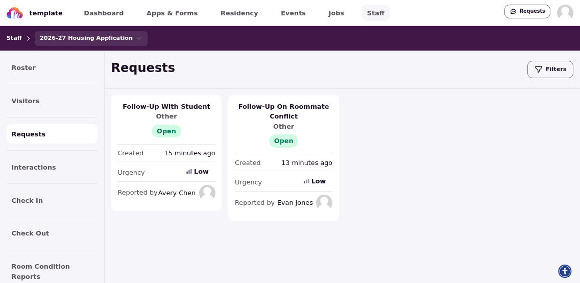 Requests dashboard showing resident-submitted requests