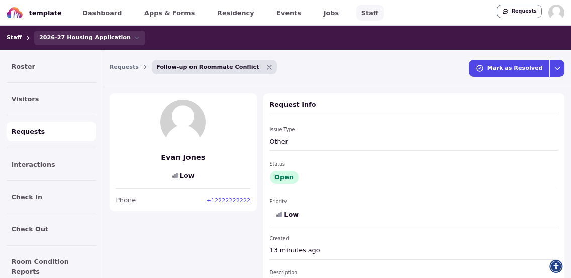 Individual request detail view showing request information and history