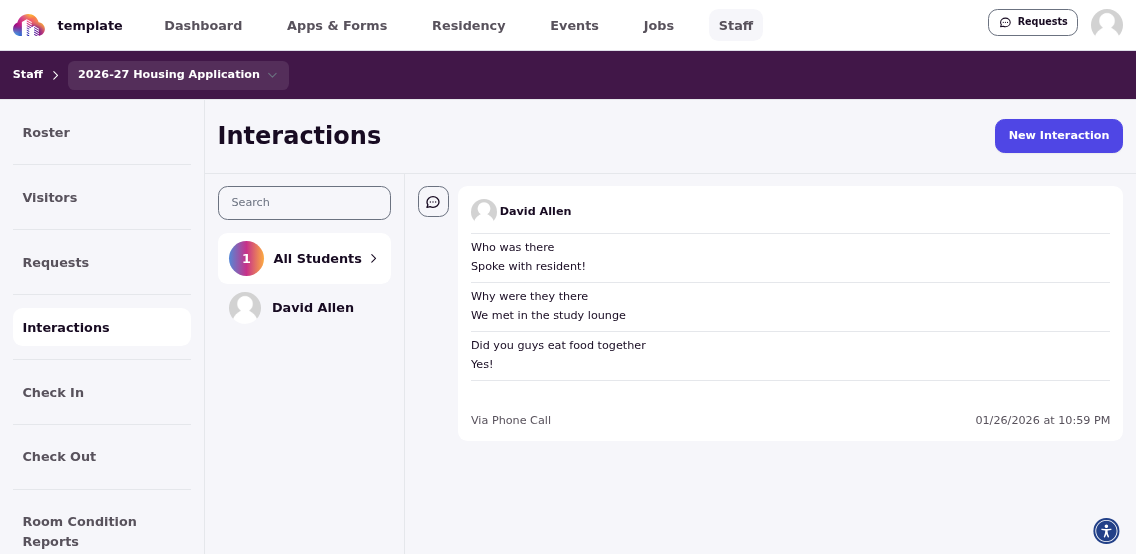 Interactions page for logging resident communications