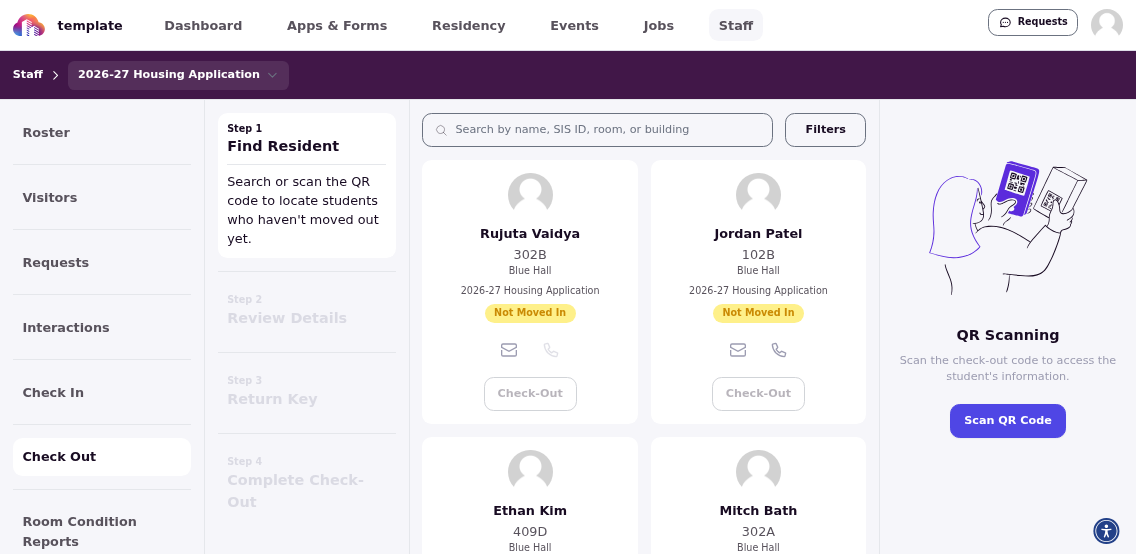 Check-out interface for processing resident departures