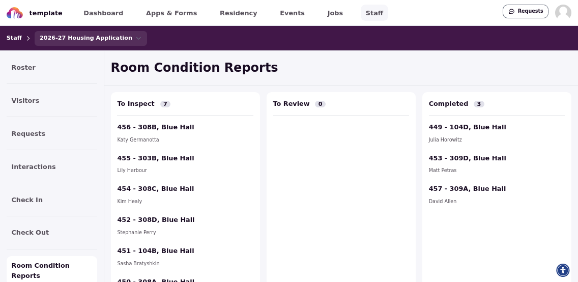Room Condition Reports dashboard showing reports by inspection status