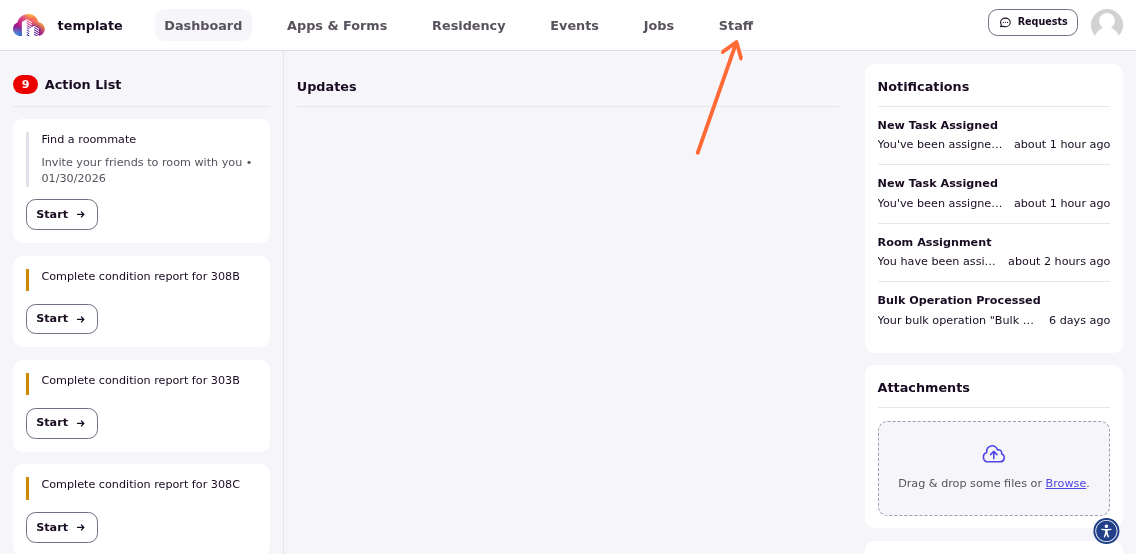Navigation bar showing the Staff button for accessing student staff features