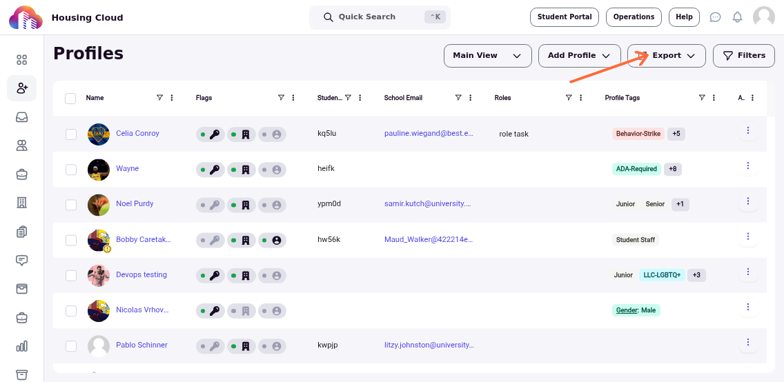 Export button location on Profiles page
