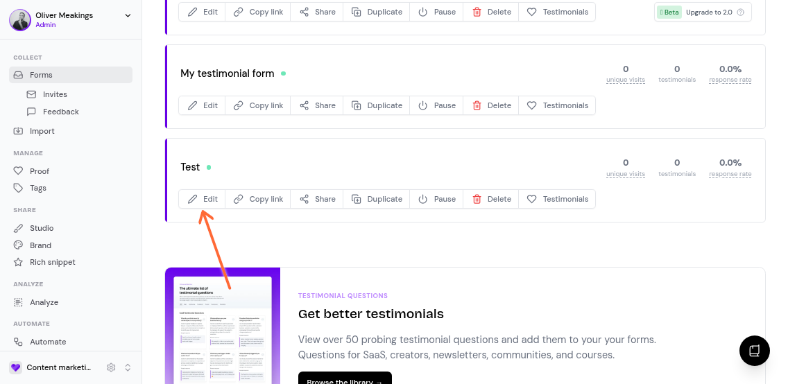 Forms list page showing the Edit button on a Forms 2.0 card